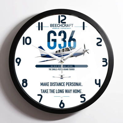 Beechcraft Bonanza G36 design on white framed wall clock