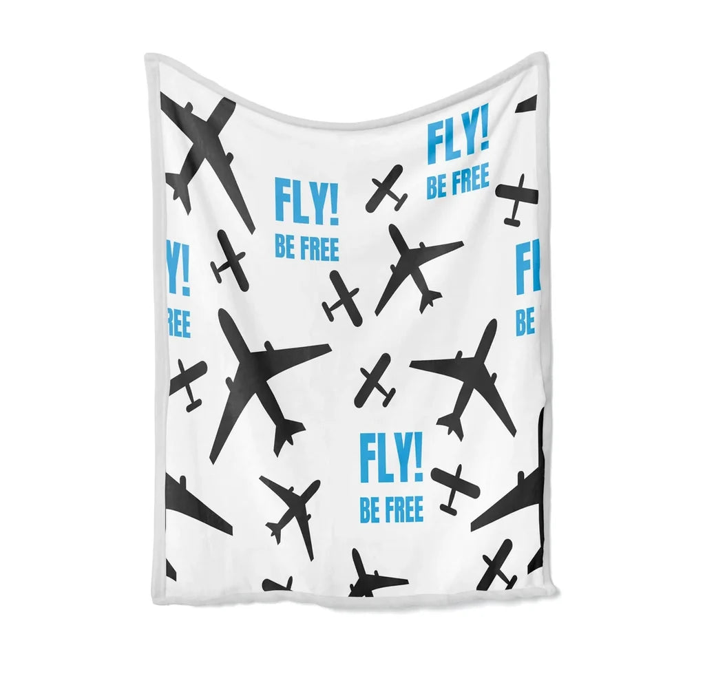 Fly Be Free White Bed Blankets & aviation print on soft fleece blanket.