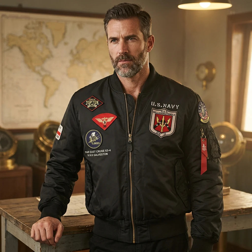 Aviation pilot jacket worn on model — editorial