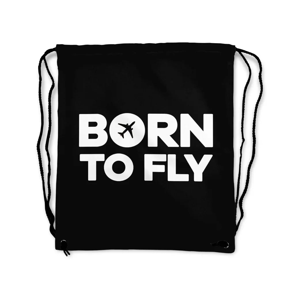 Born To Fly aviation print drawstring bag, lightweight polyester.
