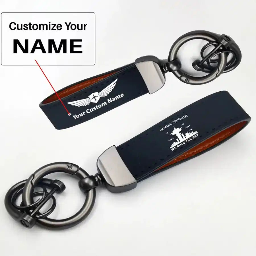 Side view of Air Traffic Controllers - We Rule The Sky aviation horseshoe-buckle key chain in polished metal alloy, polished.