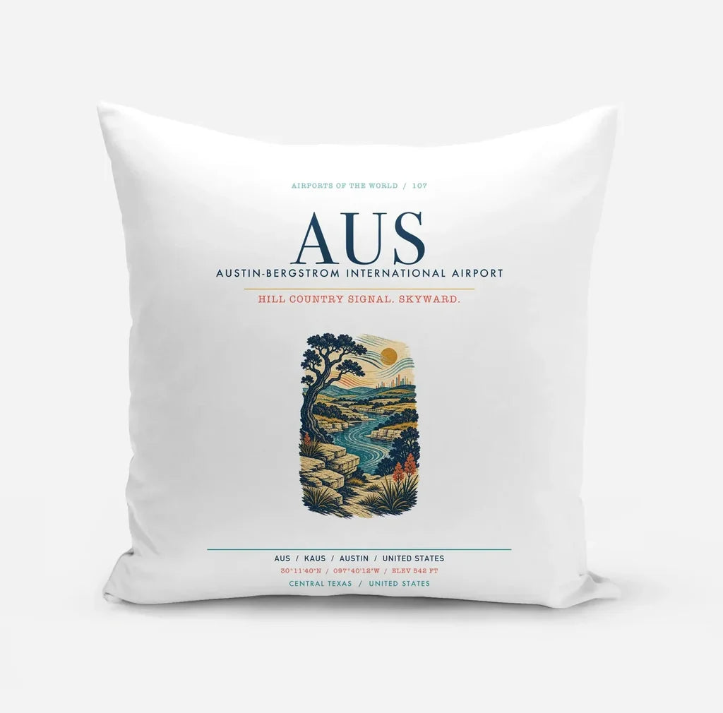Austin-Bergstrom International Airport (AUS) design on white pillow