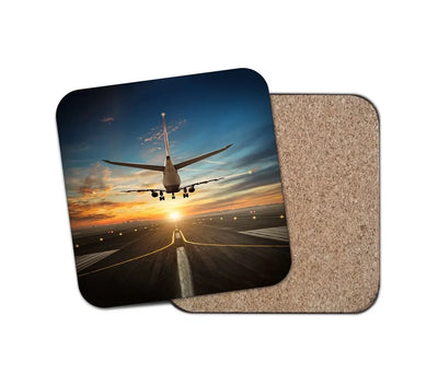 Airplane over Runway Towards the Sunrise aviation design on cork-backed wood with print coaster.
