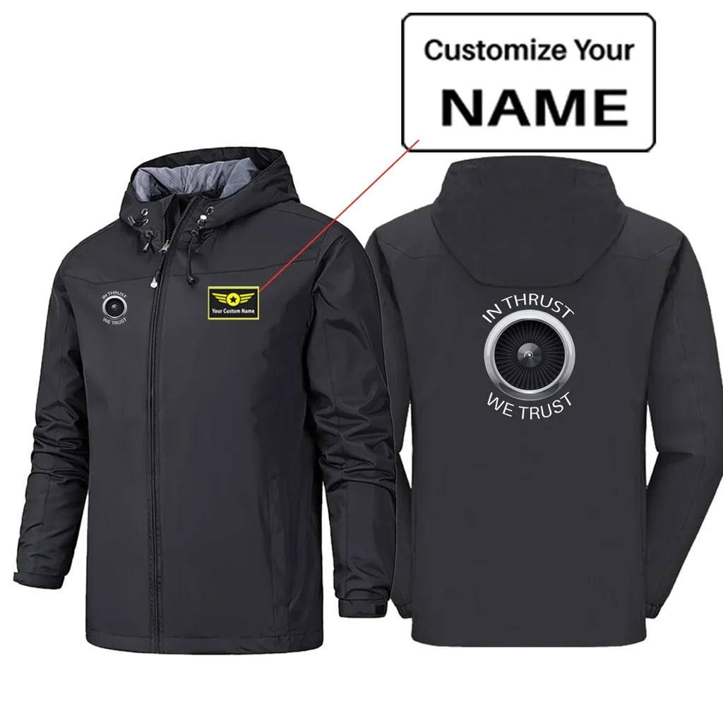 In Thrust We Trust Rain Jackets & Windbreakers aviation design printed on waterproof shell with sealed seams rain jacket.