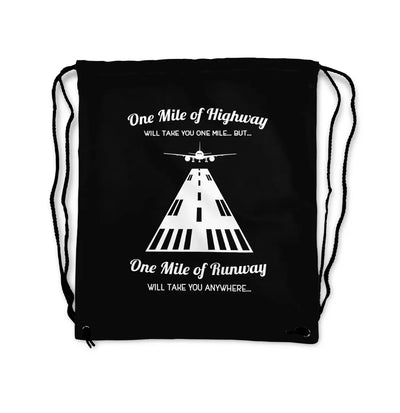 One Mile of Runway Will Take you Anywhere aviation drawstring bag in lightweight polyester.