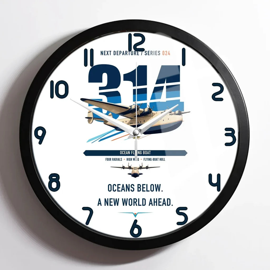 Boeing 314 Clipper design on white framed wall clock