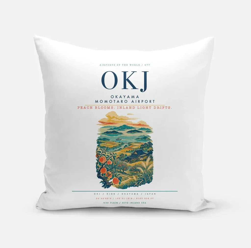 Okayama Momotaro Airport (OKJ) design on white pillow