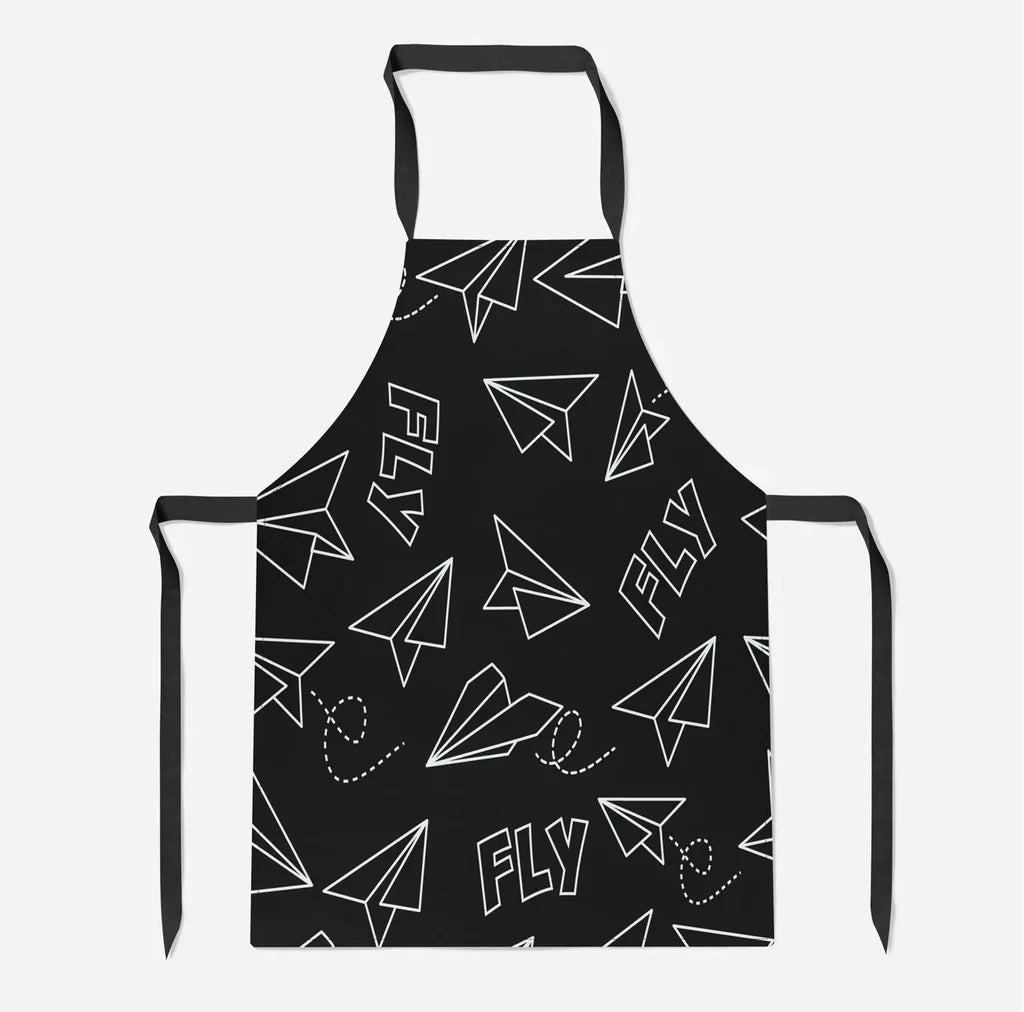 Paper Airplane & Fly Black aviation design on durable cotton blend kitchen apron.