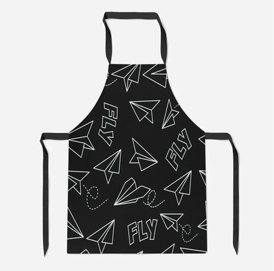 Paper Airplane & Fly Black aviation design on durable cotton blend kitchen apron.