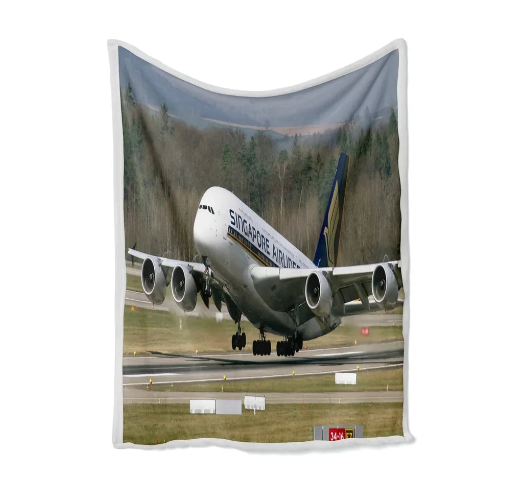 Departing Singapore Airlines A380 Bed Blankets & aviation print on soft fleece blanket.
