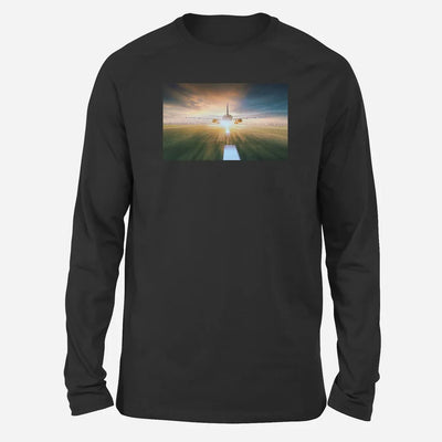 Airplane Flying Over Runway Long-Sleeve aviation design printed on soft cotton long-sleeve T-shirt.
