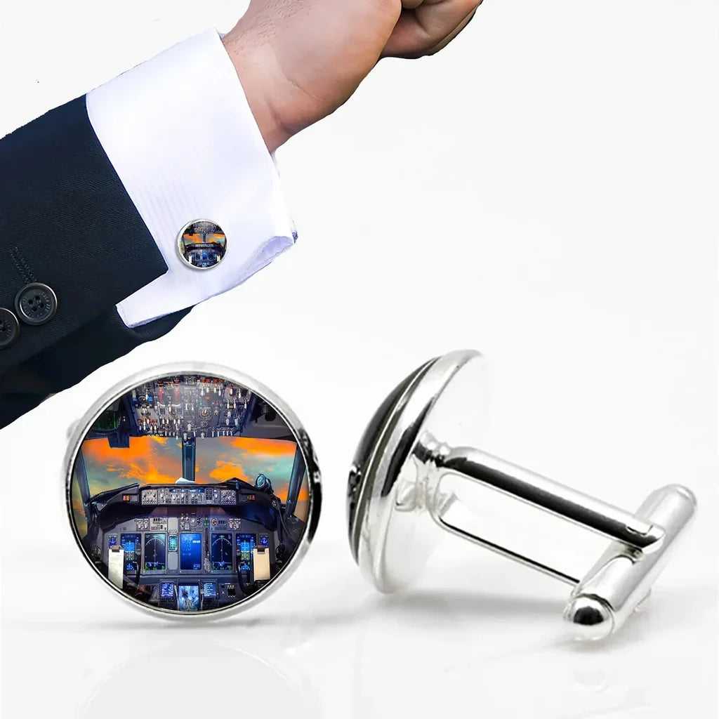 Amazing Boeing 737 Cockpit aviation cuff links, polished metal body with engraved detail.