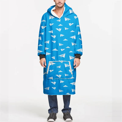 Paper Airplanes (Blue) aviation design on soft fleece blanket hoodie.