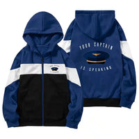 Thumbnail for Your Captain Is Speaking aviation design on colourful cotton blend colourful zipped hoodie.