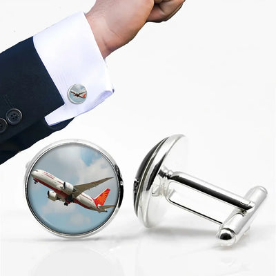 Air India's Boeing 787 aviation-themed cuff links, polished metal.