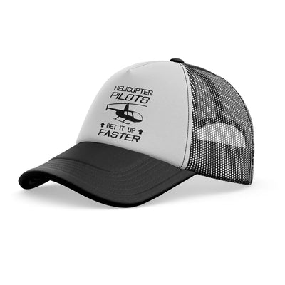 Helicopter Pilots Get It Up Faster aviation embroidery on mesh-back cotton trucker cap.