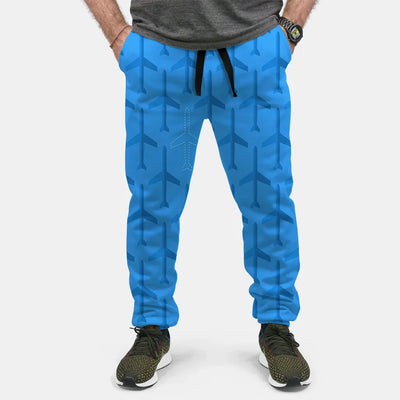 Blue Seamless Airplanes aviation design on soft cotton blend 3D-printed sweatpants.