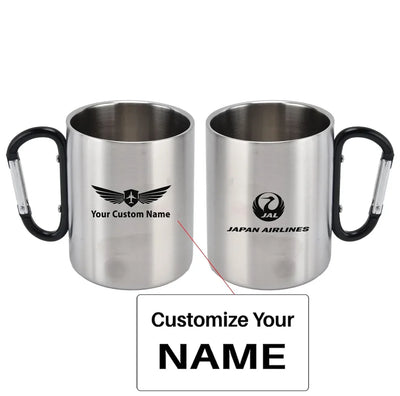 Japan Airlines aviation design on outdoor mug, durable insulated construction.