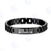 Thumbnail for Side view of Born To Fly Forced To Work aviation chain bracelet in stainless steel, polished finish.