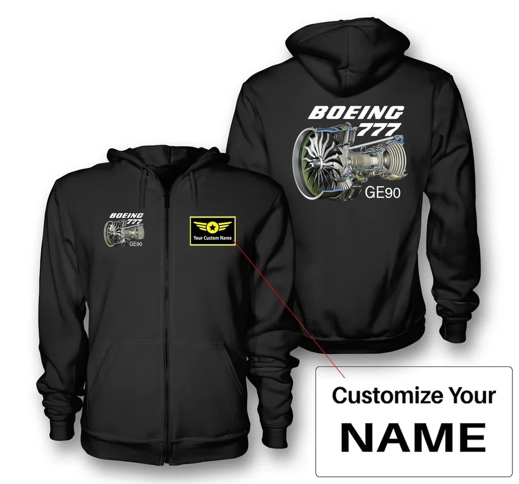 Boeing 777 & GE90 Engine aviation design on soft cotton blend zipped hoodie.