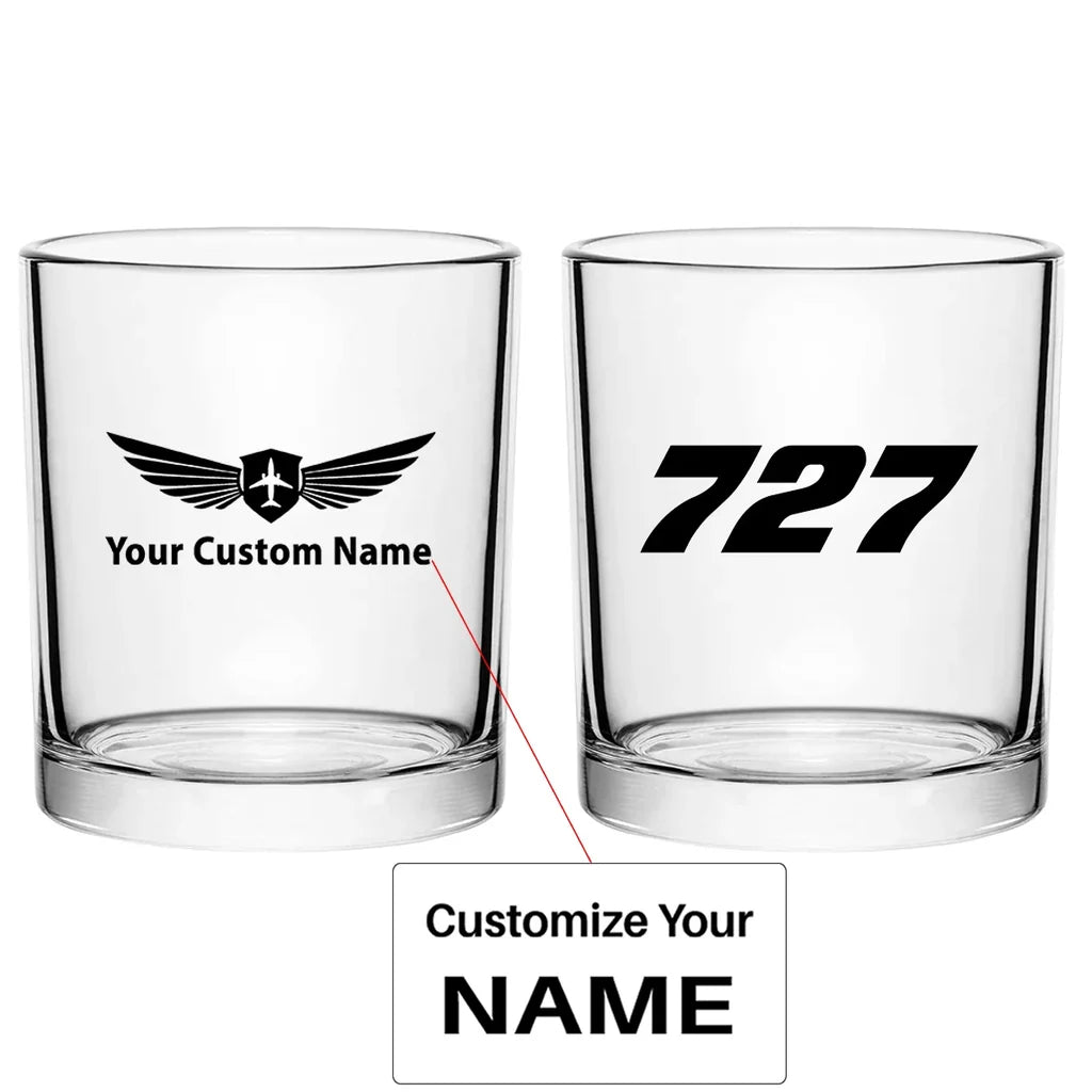 Boeing 727 Flat Text aviation design on whiskey glass, special-edition crystal cut.