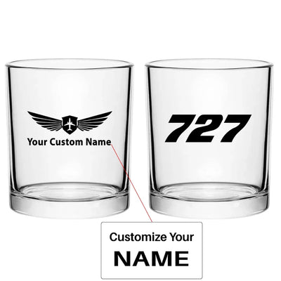 Boeing 727 Flat Text aviation design on whiskey glass, special-edition crystal cut.