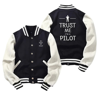 Trust Me I'm a Pilot Baseball Style aviation design printed on two-tone shell with ribbed cuffs baseball jacket.