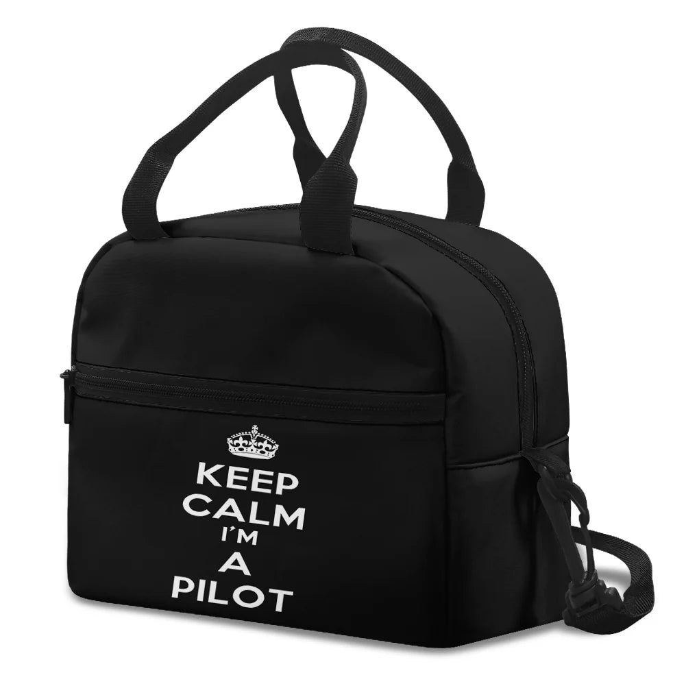 Keep Calm I'm a aviation design lunch bag, insulated polyester construction.