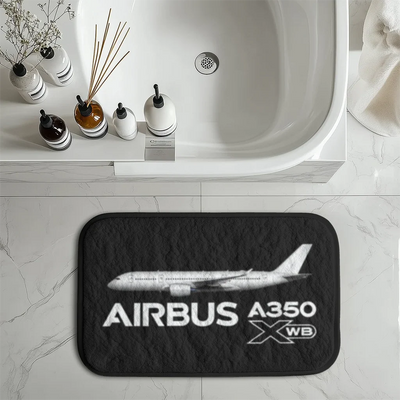 The Airbus A350 WXB aviation design on soft absorbent fabric with non-slip backing bath mat.