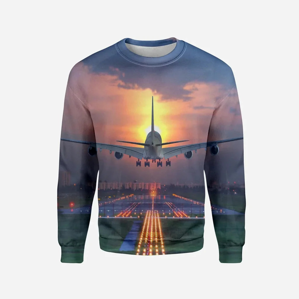 Super Boeing 747 Landing During Sunset Printed aviation design printed on soft cotton blend 3D sweatshirt.