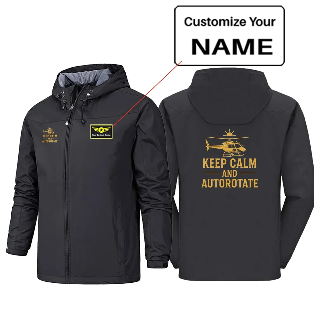 Keep Calm and Autorotate Rain Jackets & Windbreakers aviation design printed on waterproof shell with sealed seams rain jacket.