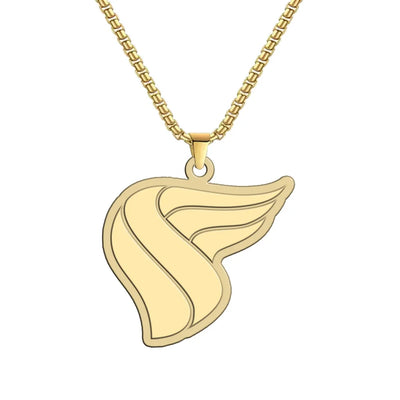 Side view of Oman Airlines aviation hollow necklace in polished metal, polished finish.