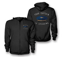 Thumbnail for Your Captain Is Speaking aviation design on soft cotton blend zipped hoodie.