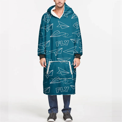 Paper Airplane & Fly Green aviation design on soft fleece blanket hoodie.
