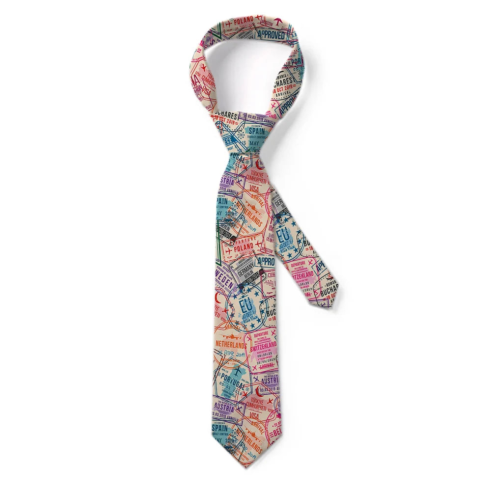 Passport Stamps aviation design on premium silk blend tie.
