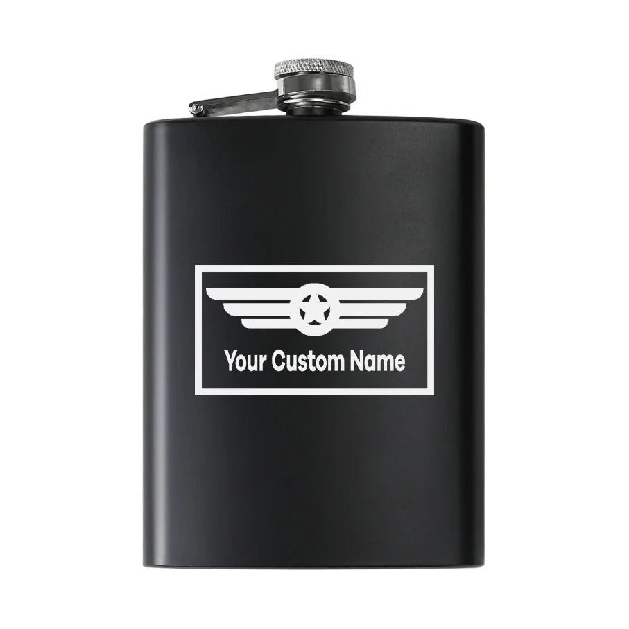 Custom Name (Badge 1) aviation design on stainless hip flask, compact pocket-size flask.