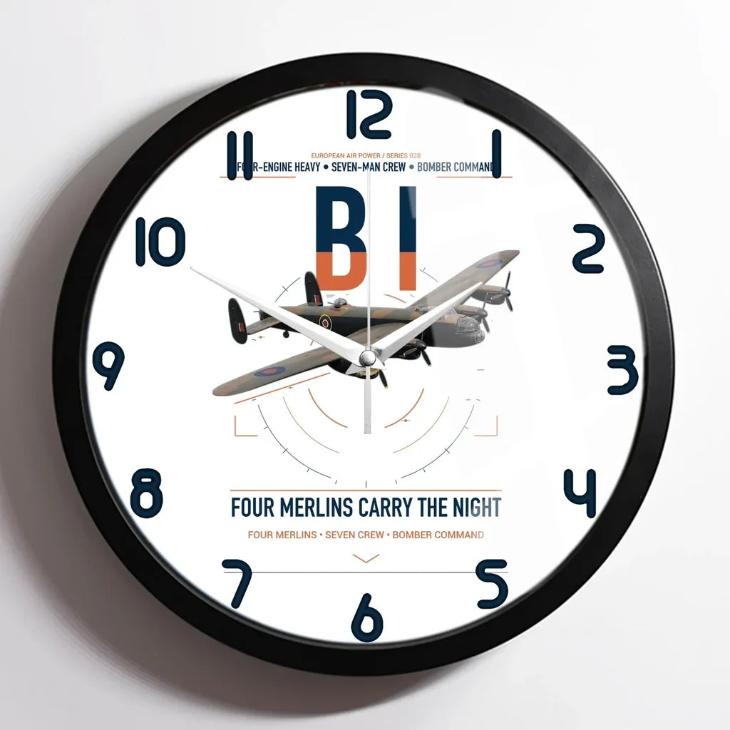 Avro Lancaster B I design on white framed wall clock