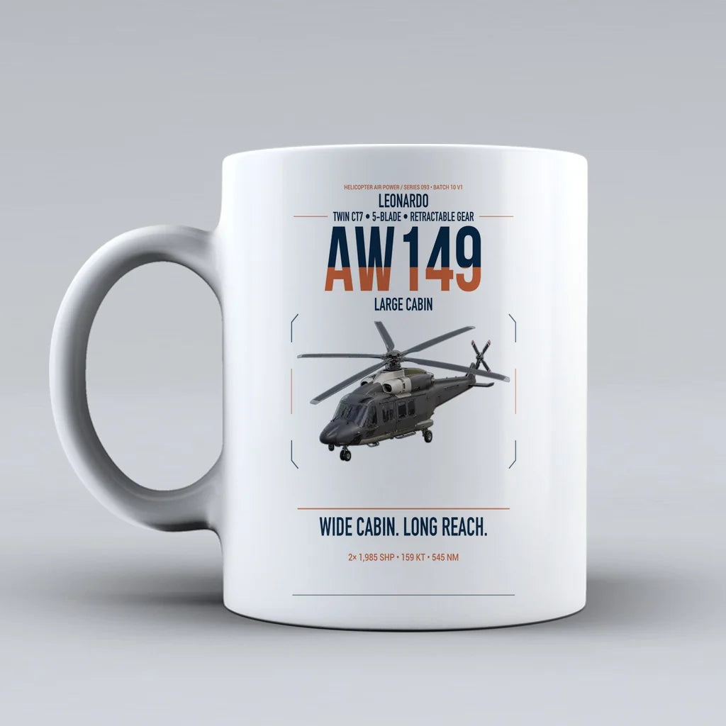Leonardo AW149 design on white ceramic mug, double-side print