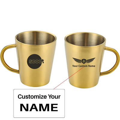 Scoot Airlines aviation design on stainless coffee mug, durable stainless steel construction.