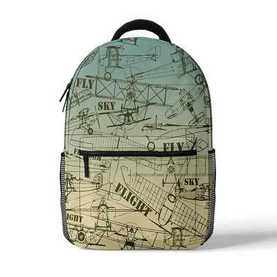 Retro Airplanes & Text aviation design backpack, durable polyester construction.