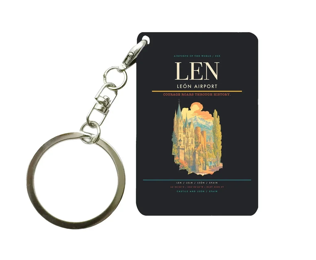 León Airport (LEN) design on black key chain