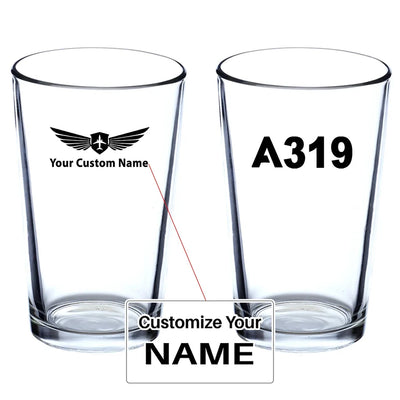 Airbus A319 Flat Text Beer & aviation design on beer water glass, versatile drinkware.