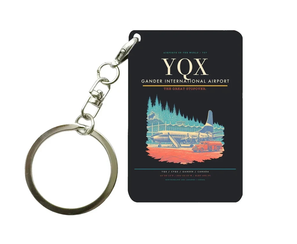 Gander International Airport (YQX) design on black key chain