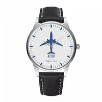 Thumbnail for Side view of Airbus A330 aviation watch with leather strap in leather strap, polished finish.