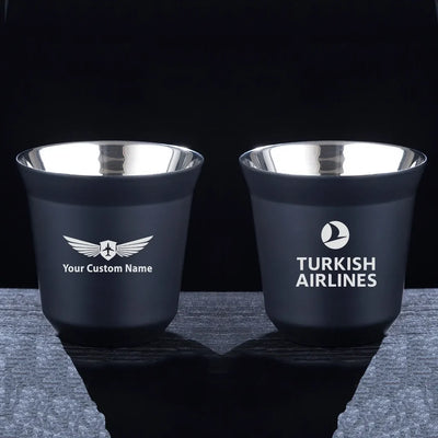 Turkish Airlines aviation design on double-wall coffee mug, vacuum-insulated double-wall.