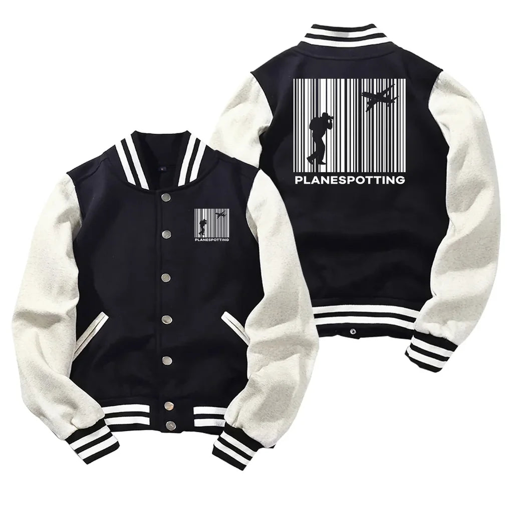 Planespotting Baseball Style aviation design printed on two-tone shell with ribbed cuffs baseball jacket.