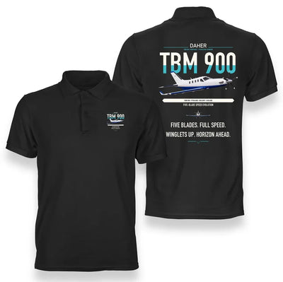 Daher TBM 900 design on black double-side polo t-shirt, double-side print