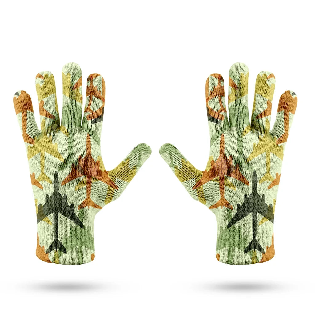 Seamless Colourful Airplanes aviation design on soft knit fabric gloves.