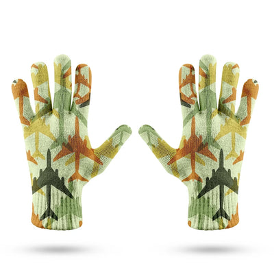 Seamless Colourful Airplanes aviation design on soft knit fabric gloves.