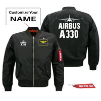 Thumbnail for Airbus A330 Silhouette & Pilot Jackets (Customizable) aviation design printed on comfortable shell with classic fit designed.